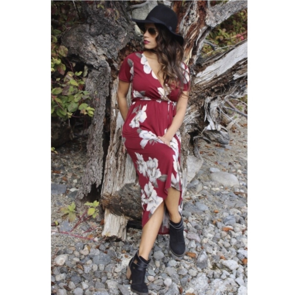 Burgundy Floral Hi Low Midi Dress